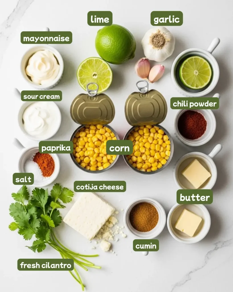 Ingredients for Mexican corn recipe with canned corn including
mayo, cotija cheese, lime, chili powder, garlic, and cilantro
laid out on a wooden surface
