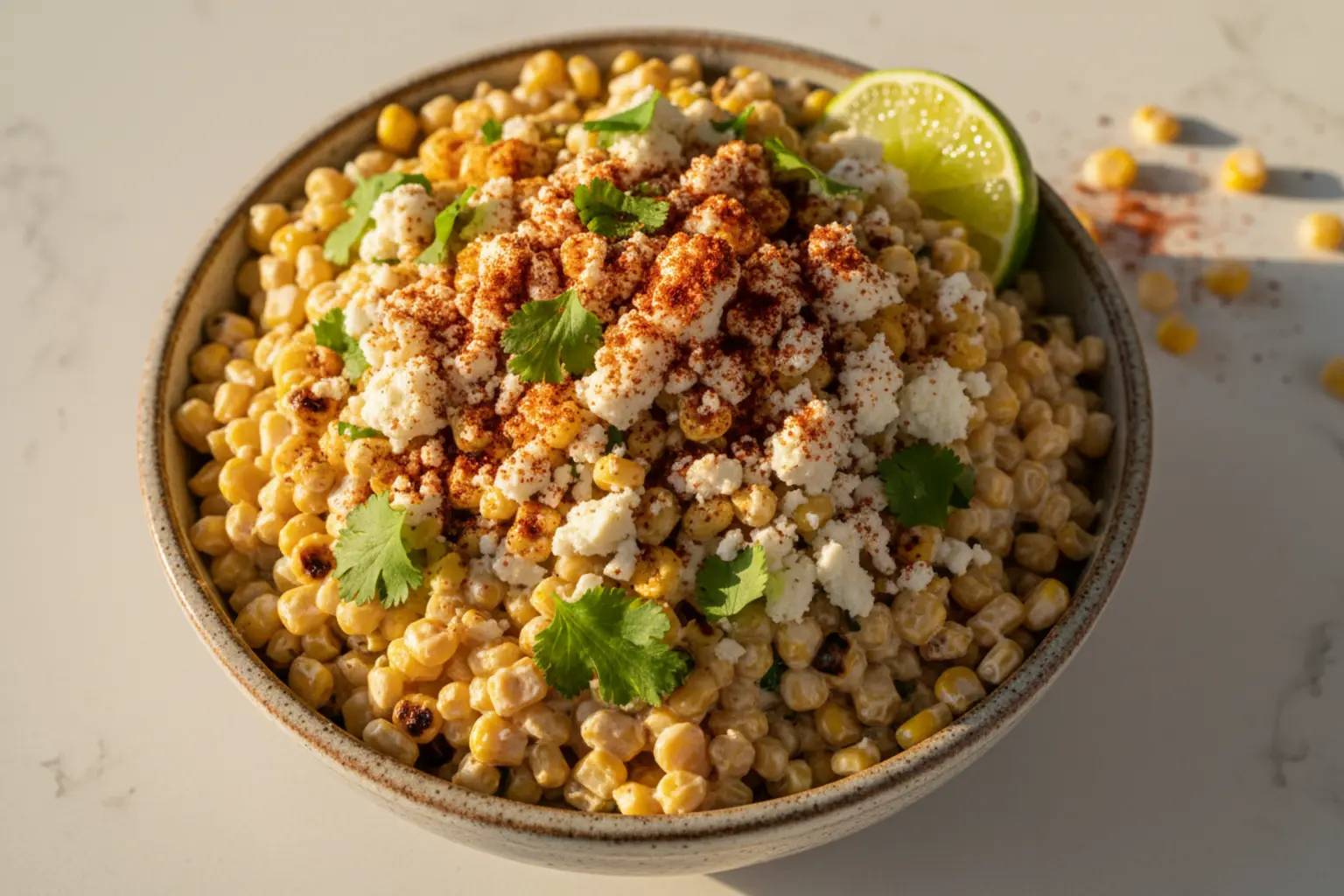 A bowl of creamy Mexican corn recipe made with canned corn, topped with cotija cheese, chili powder, and fresh cilantro