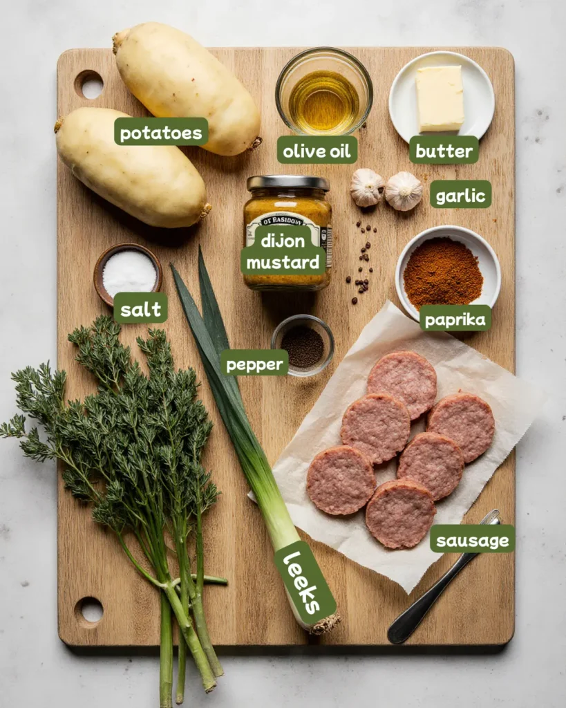 Overhead flat lay of fresh ingredients for sausage potato leek Dijon mustard hash including French sausage, Yukon Gold potatoes, leeks, Dijon mustard, garlic, butter, and fresh parsley on a wooden board