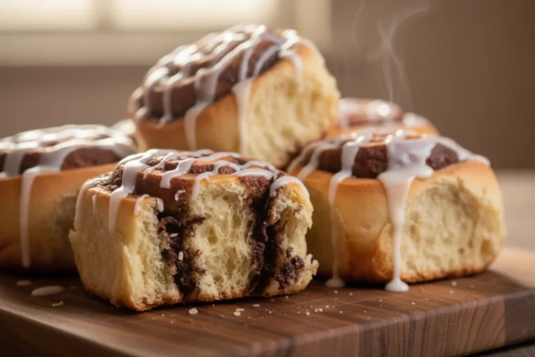 Close-up of soft fluffy German chocolate rolls with vanilla glaze drizzle showing rich cocoa swirl inside