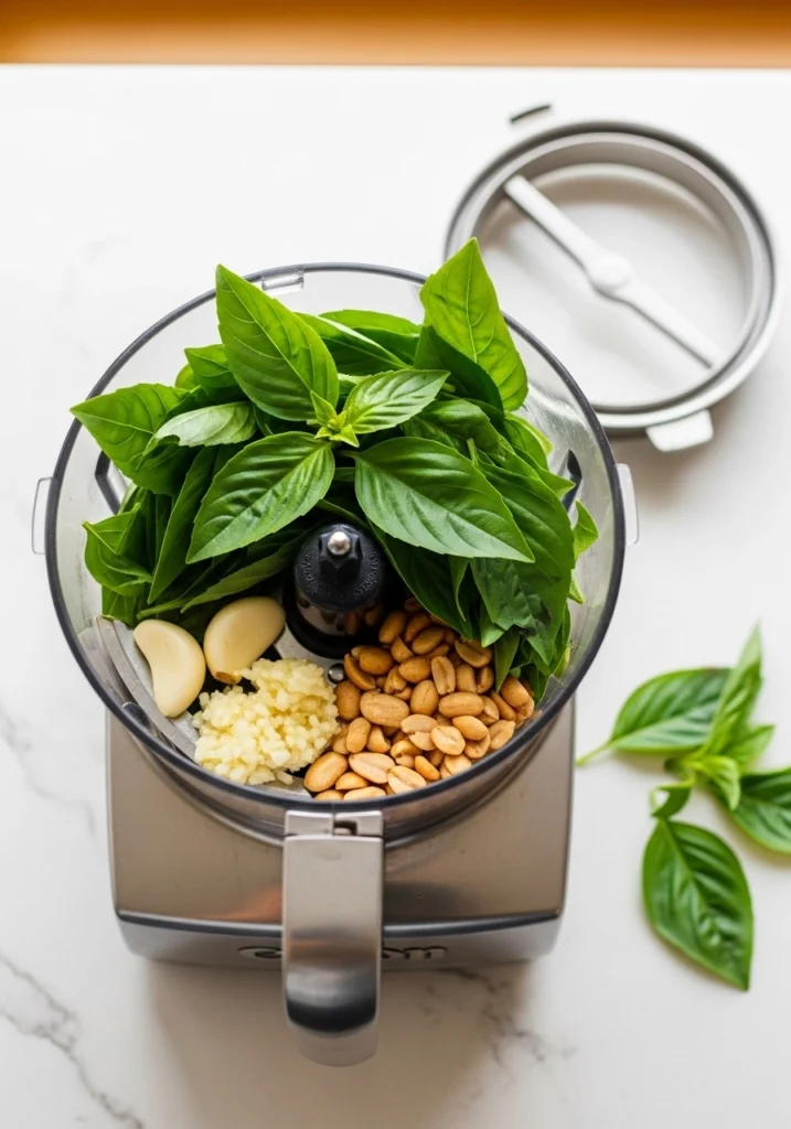 Open food processor bowl filled with fresh Thai basil leaves, chopped garlic cloves, and roasted peanuts ready to blend into homemade Thai basil pesto sauce on a white kitchen countertop