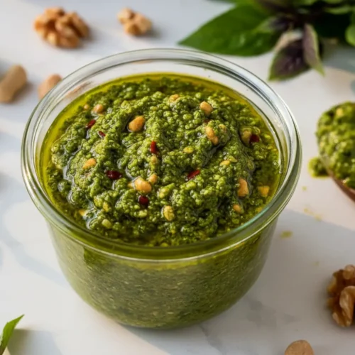 Homemade Thai basil pesto recipe served in a rustic glass jar with olive oil on top, surrounded by fresh Thai basil leaves, roasted peanuts, walnuts, and a halved lime on a wooden board