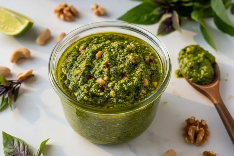 Homemade Thai basil pesto recipe served in a rustic glass jar with olive oil on top, surrounded by fresh Thai basil leaves, roasted peanuts, walnuts, and a halved lime on a wooden board