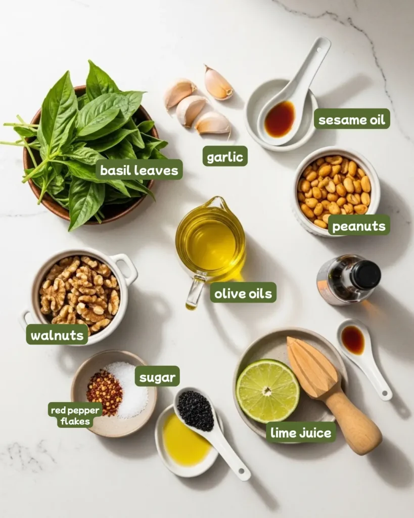 Flat lay of all Thai basil pesto recipe ingredients in small ceramic bowls including fresh Thai basil leaves, garlic cloves, roasted peanuts, walnuts, olive oil, lime, sesame oil, fish sauce, red pepper flakes, and sea salt on a grey linen surface