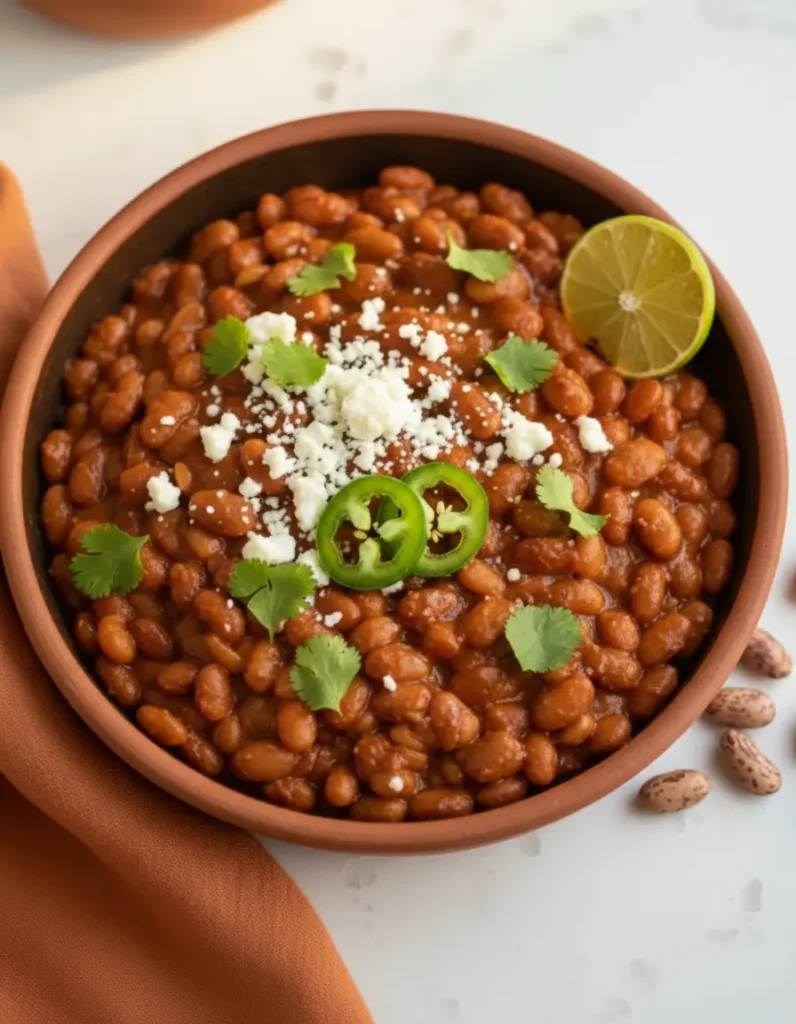 Close-up of Mexican-style Anasazi beans topped with cotija cheese, fresh cilantro, and a lime wedge