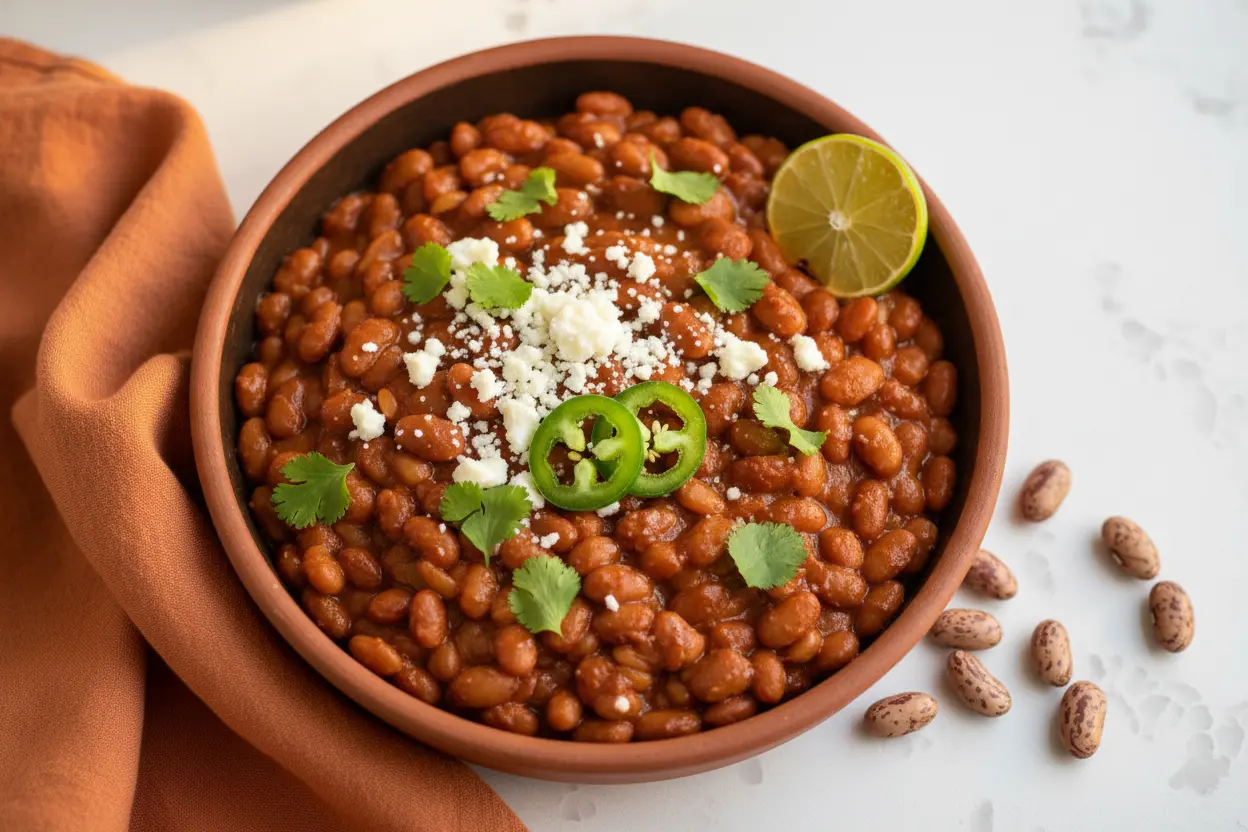 Close-up of a rustic bowl of Mexican-style Anasazi beans topped with cotija cheese, fresh cilantro, and a lime wedge