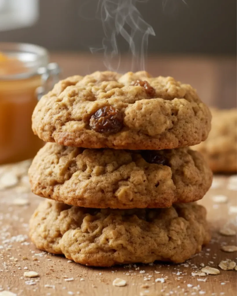 Stack of three soft homemade applesauce oatmeal cookies on a wooden board with a jar of applesauce and rolled oats