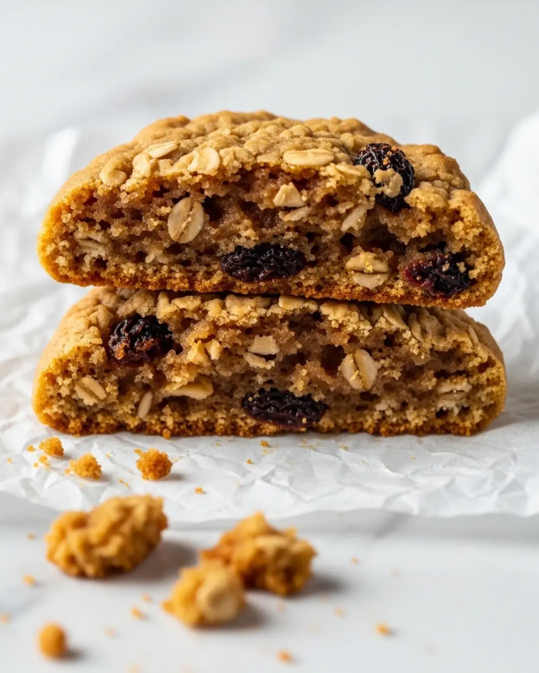 Applesauce oatmeal cookie broken in half showing a soft chewy interior with oat clusters and raisins on parchment paper