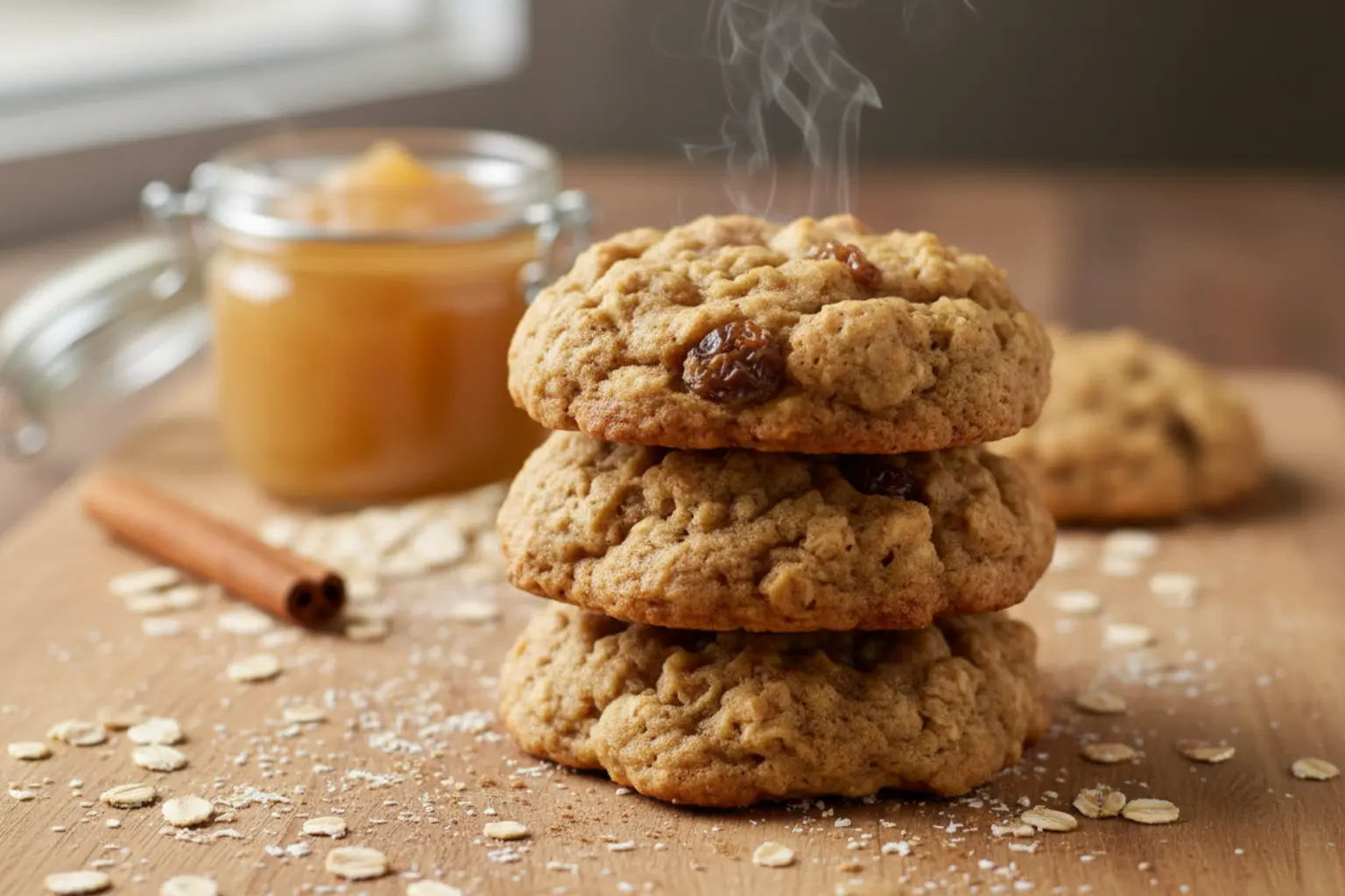 Stack of three soft homemade applesauce oatmeal cookies on a wooden board with a jar of applesauce and rolled oats in the background