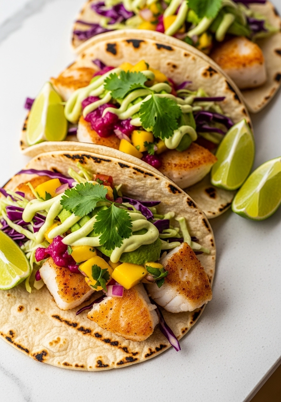Close-up of homemade halibut fish tacos with mango salsa, avocado crema, and cabbage slaw