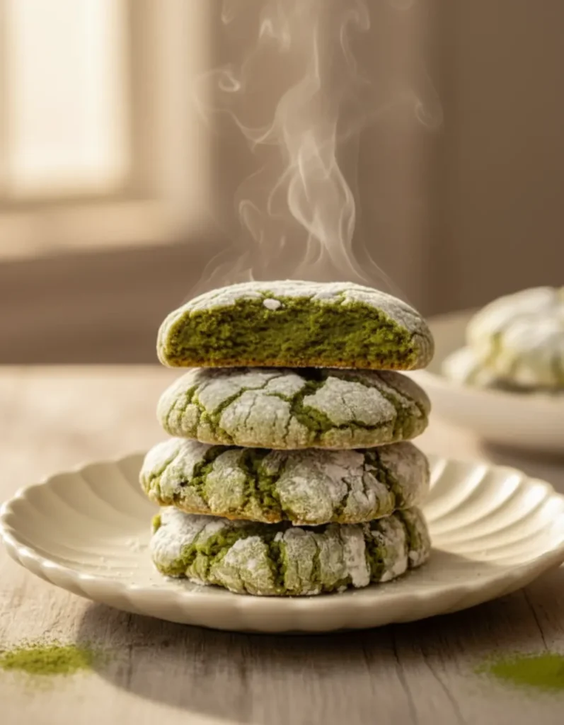apanese matcha crinkle cookies with powdered sugar crinkle crust and vibrant green chewy interior revealed, styled on a white ceramic plate