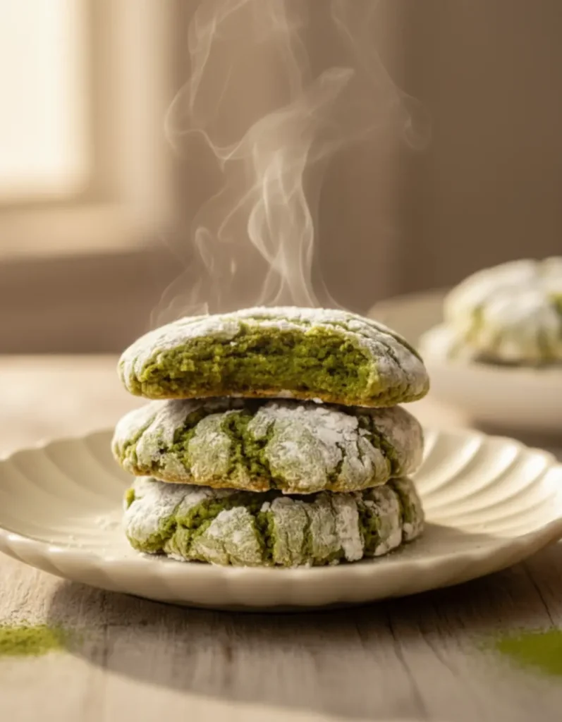 Close up of stacked Japanese matcha crinkle cookies with top cookie bitten to reveal dense fudgy vibrant green interior on a white ceramic plate with matcha latte in background