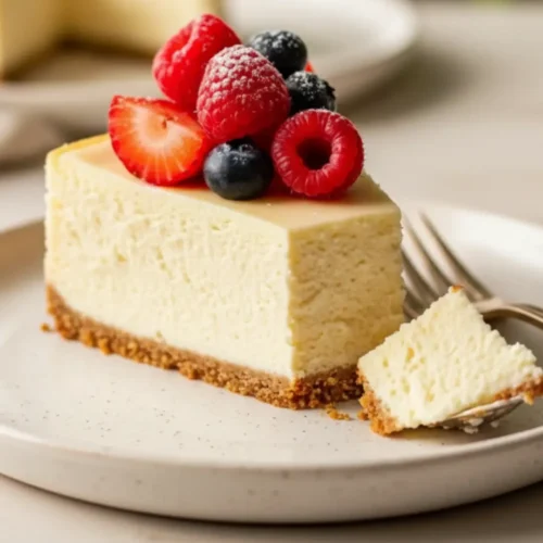 A creamy slice of vegan ricotta cheesecake topped with fresh strawberries, blueberries, and a dusting of powdered sugar on a white ceramic plate