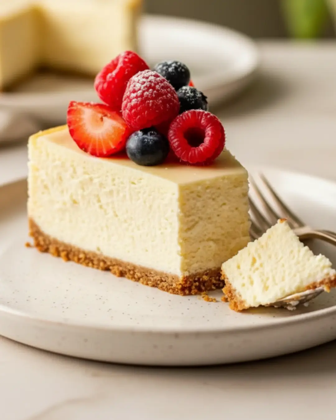 A creamy slice of vegan ricotta cheesecake topped with fresh strawberries, blueberries, and a dusting of powdered sugar on a white ceramic plate