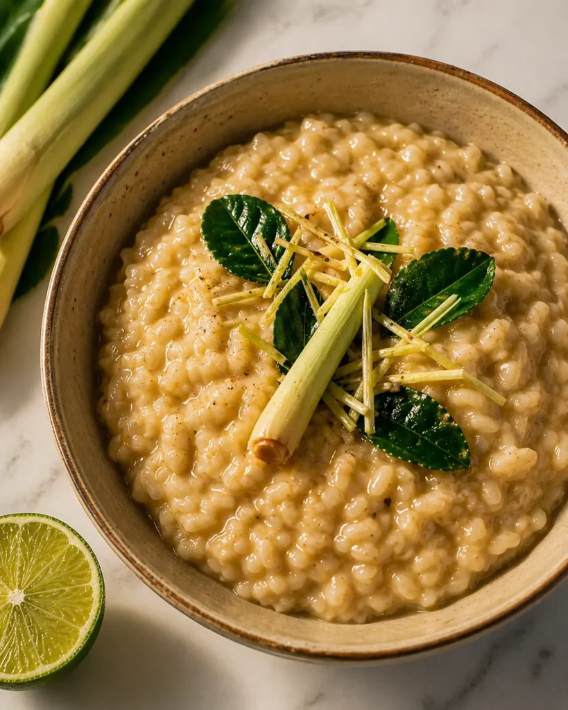 Creamy lemongrass risotto recipe in a bowl with coconut milk, garnished with fresh lemongrass