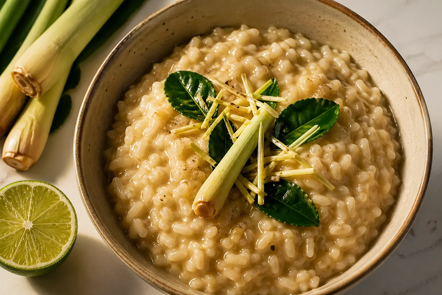 Creamy lemongrass risotto recipe in a bowl with coconut milk, garnished with fresh lemongrass and kaffir lime leaves