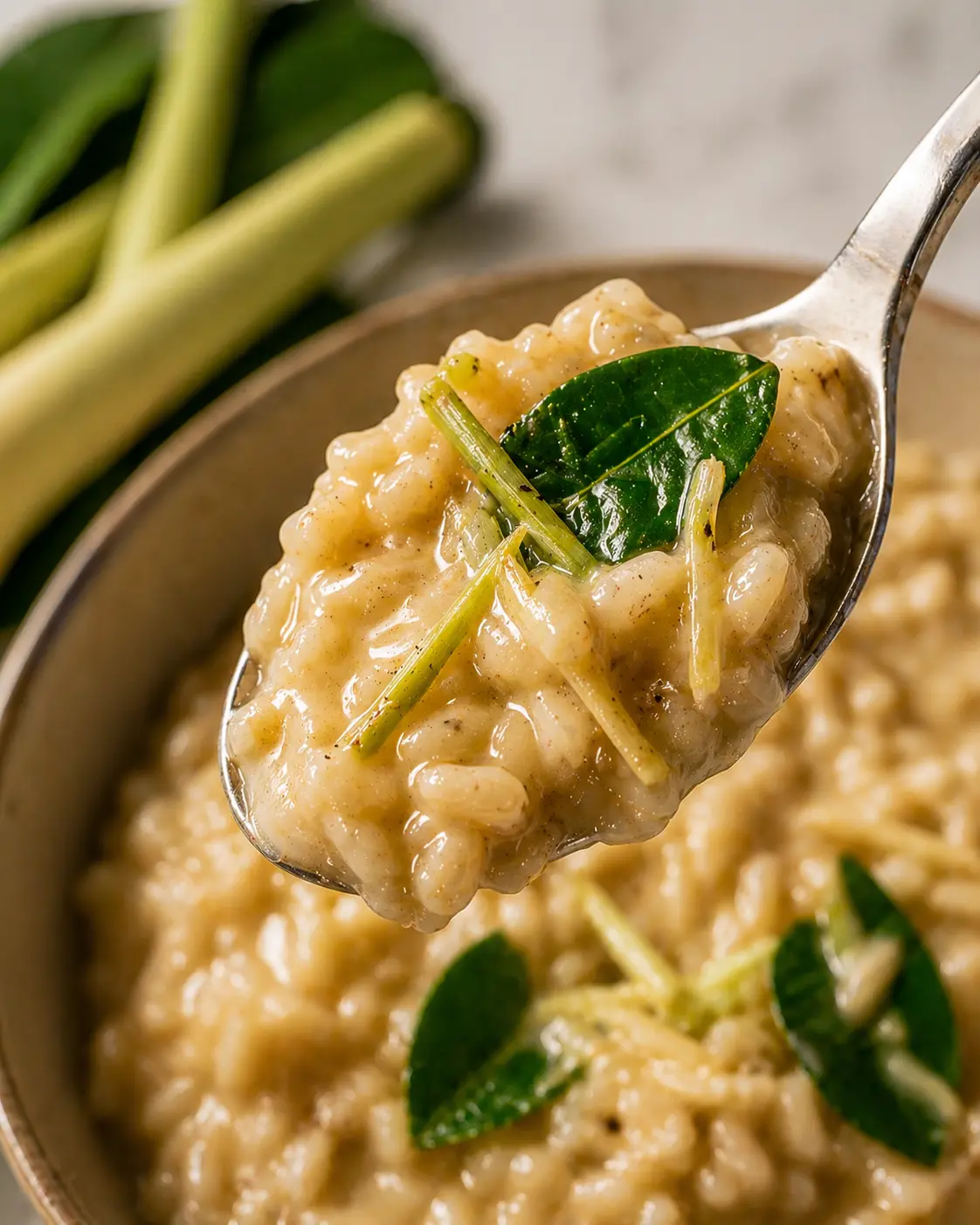 Close-up of creamy lemongrass risotto on a spoon showing silky, glossy texture
