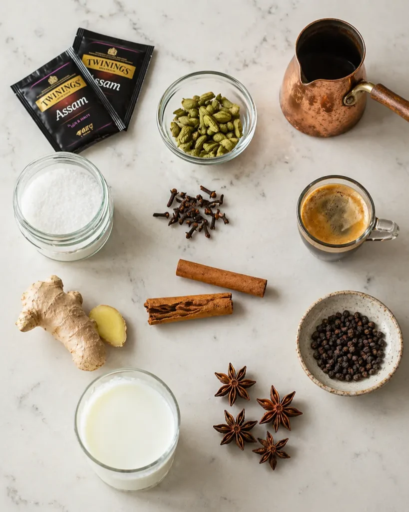 Dirty chai tea latte ingredients flat lay including whole cardamom pods, cinnamon sticks, star anise, cloves, black tea bags, fresh ginger, and espresso on white marble