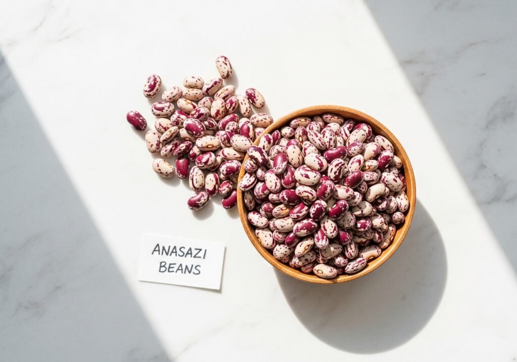 Dried Anasazi beans in a wooden bowl showing their distinctive burgundy and white mottled pattern