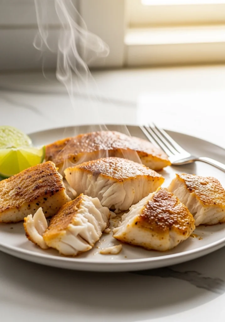 Freshly cooked halibut broken into golden flakes on a white plate, ready to fill fish tacos