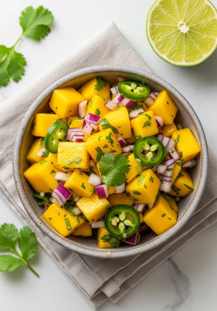 Fresh mango salsa with diced red onion, jalapeño, and cilantro in a ceramic bowl for halibut fish tacos