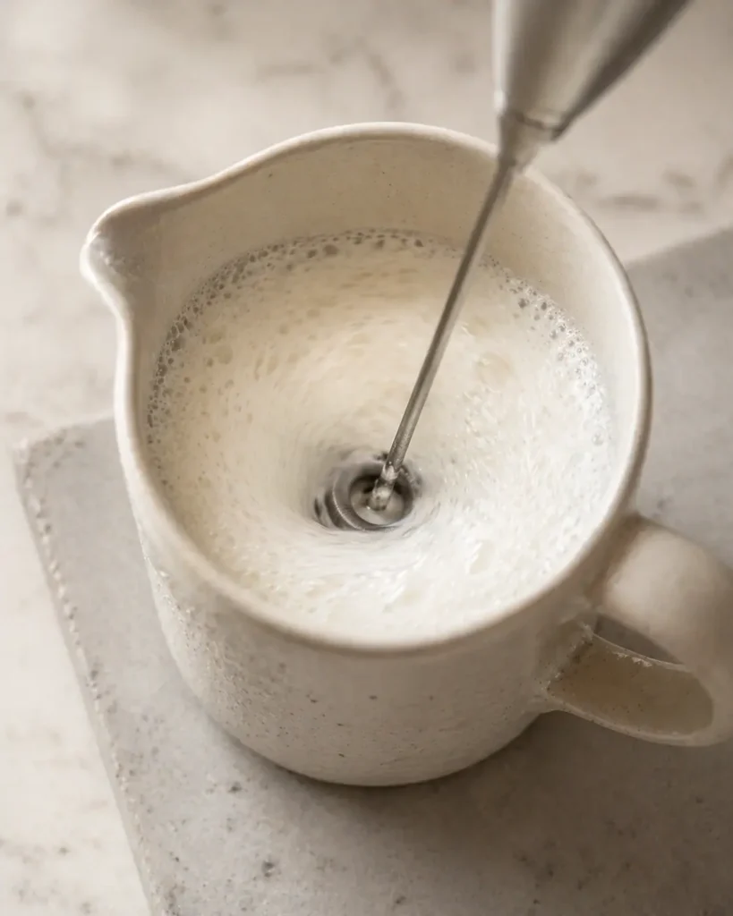 Silver handheld milk frother creating thick, creamy microfoam in a white ceramic milk pitcher for a dirty chai tea latte