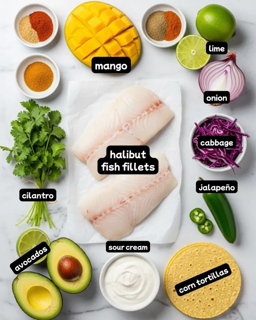 Overhead flat lay of fresh halibut fish taco ingredients including halibut fillets, mango, avocado, lime, and spices