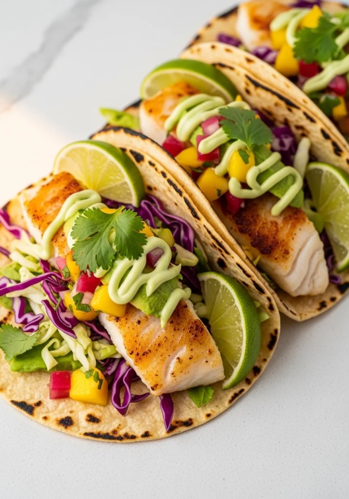 Side view of a fully assembled halibut fish taco showing layers of slaw, golden fish, mango salsa, and avocado crema