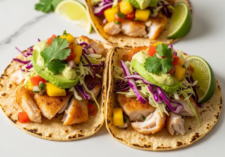 Close-up of homemade halibut fish tacos with mango salsa, avocado crema, and cabbage slaw on a rustic board