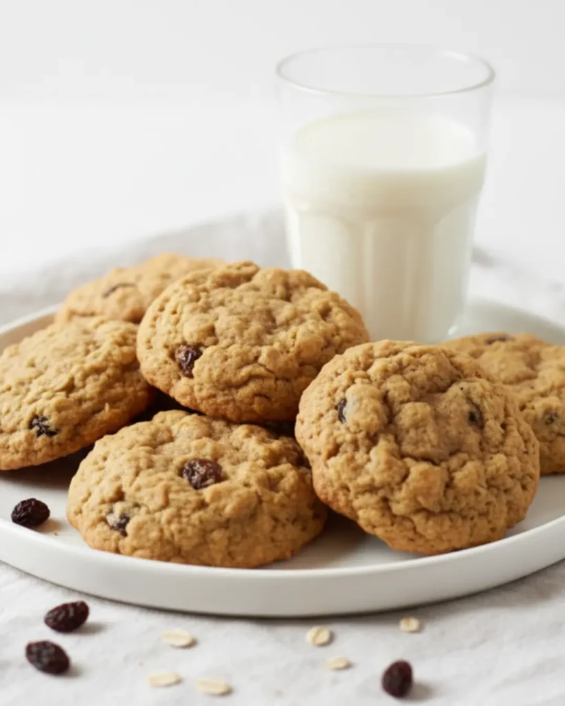 Pile of golden-brown healthy applesauce oatmeal cookies on a white ceramic plate beside a glass of cold milk on a linen napkin