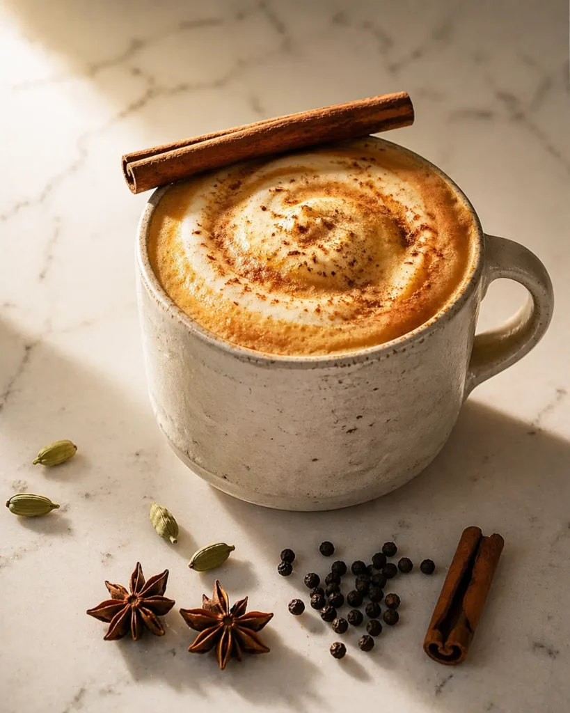 Indian dirty chai tea latte with cinnamon-dusted foam, whole spices, and a cinnamon stick garnish on a wooden board