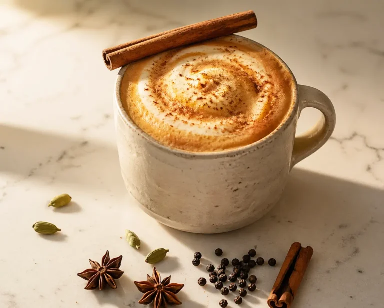 Indian dirty chai tea latte in a handmade ceramic mug with cinnamon-dusted foam, whole spices, and a cinnamon stick garnish on a wooden board