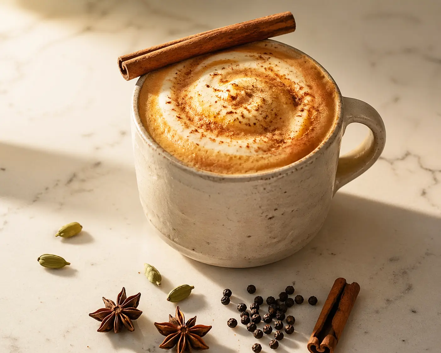 Indian dirty chai tea latte in a handmade ceramic mug with cinnamon-dusted foam, whole spices, and a cinnamon stick garnish on a wooden board