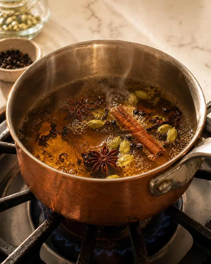 Whole masala chai spices including cardamom, cinnamon stick, star anise, cloves, and black peppercorns simmering in amber water in a copper saucepan