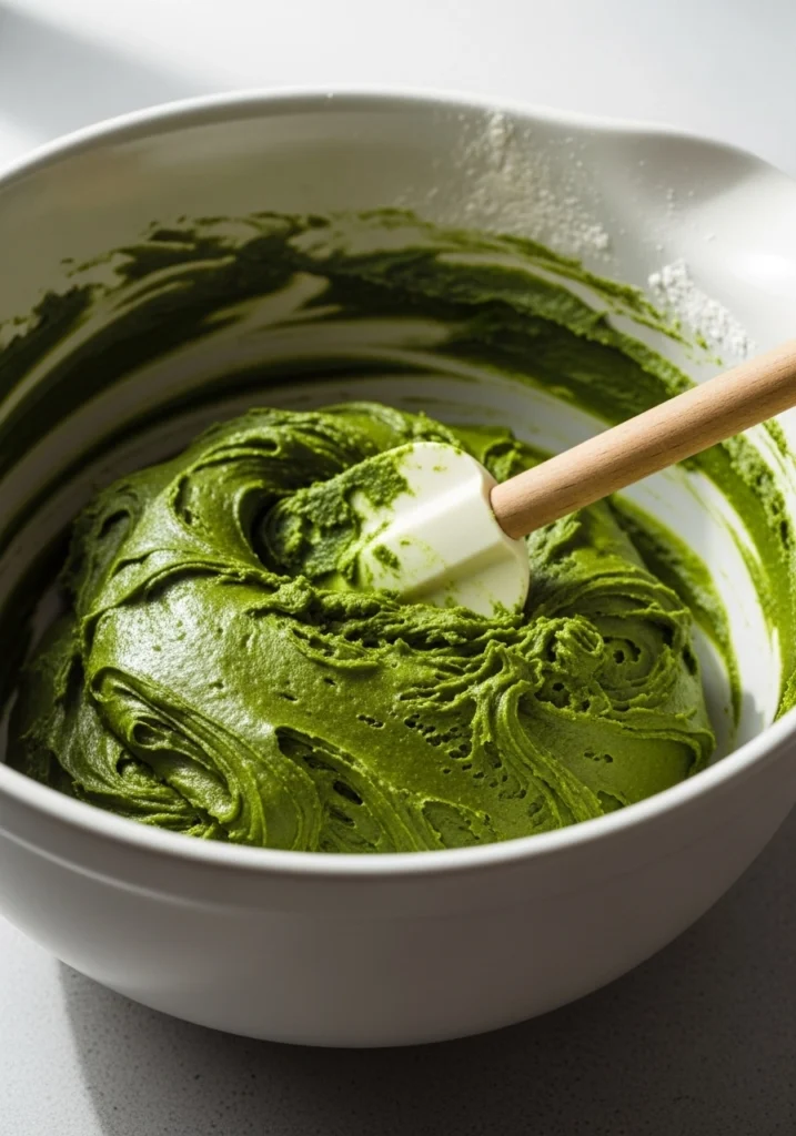 Vibrant jade-green matcha crinkle cookie dough in a white ceramic mixing bowl with a rubber spatula, showing thick glossy texture ready to chill