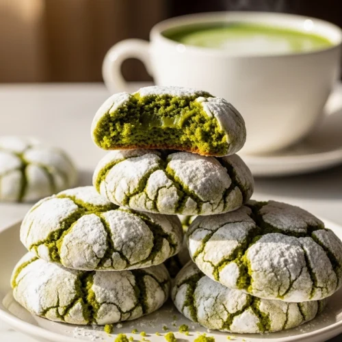Close up of stacked Japanese matcha crinkle cookies with top cookie bitten to reveal dense fudgy vibrant green interior on a white ceramic plate with matcha latte in background