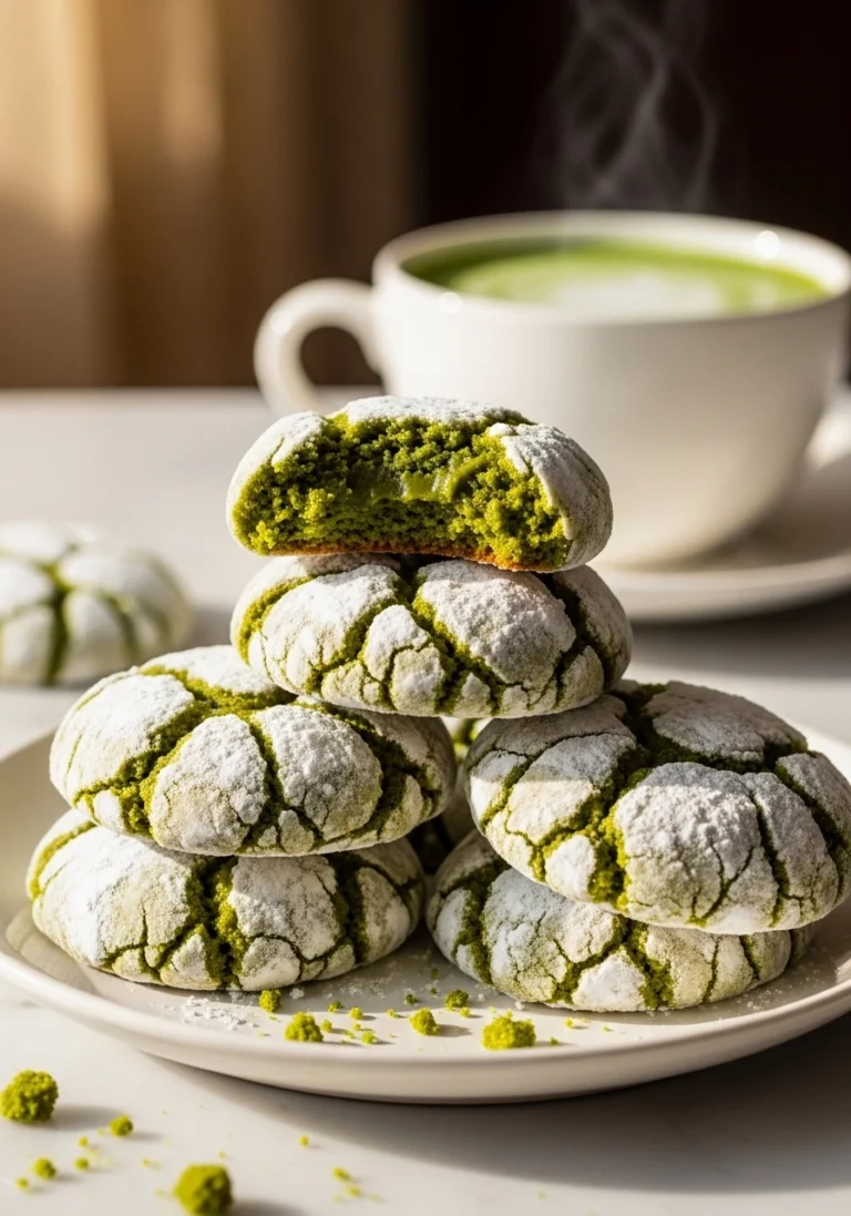 Close up of stacked Japanese matcha crinkle cookies with top cookie bitten to reveal dense fudgy vibrant green interior on a white ceramic plate with matcha latte in background
