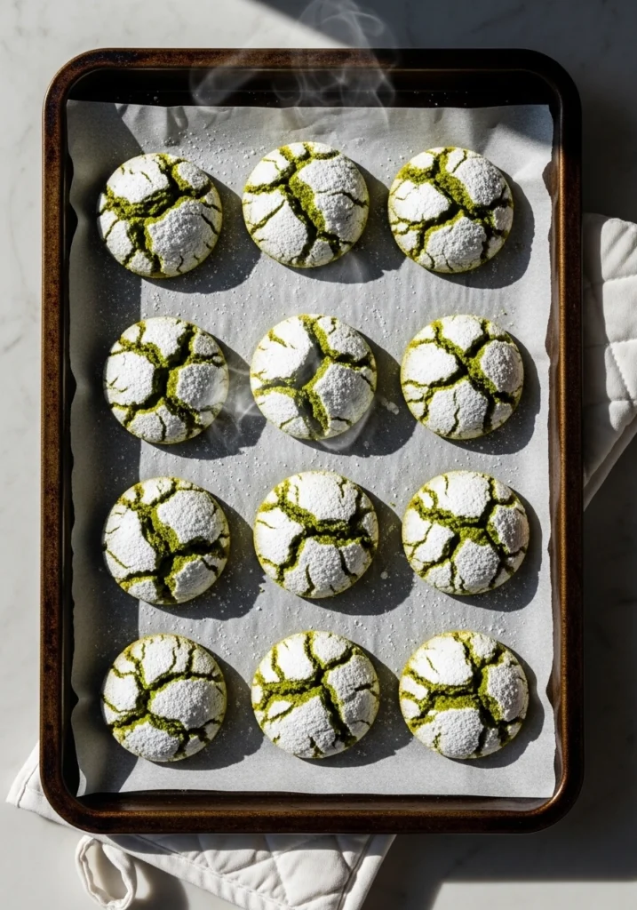 Twelve freshly baked Japanese matcha crinkle cookies on a parchment lined baking sheet showing deep green crinkle cracks through bright white powdered sugar coating