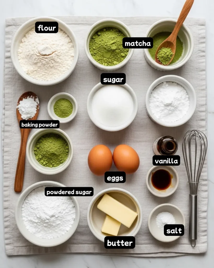 Overhead flat lay of all matcha crinkle cookies recipe ingredients including matcha powder, flour, eggs, butter, sugar and vanilla on a white marble surface