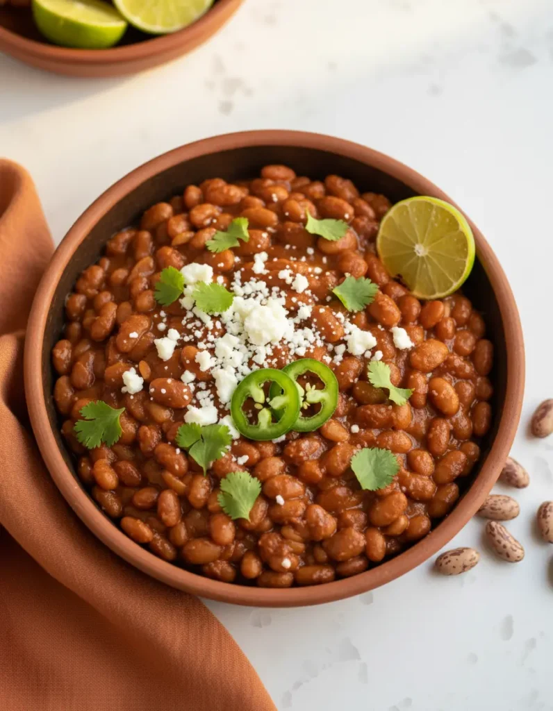 Mexican-style Anasazi beans topped with cotija cheese, fresh cilantro, and a lime wedge