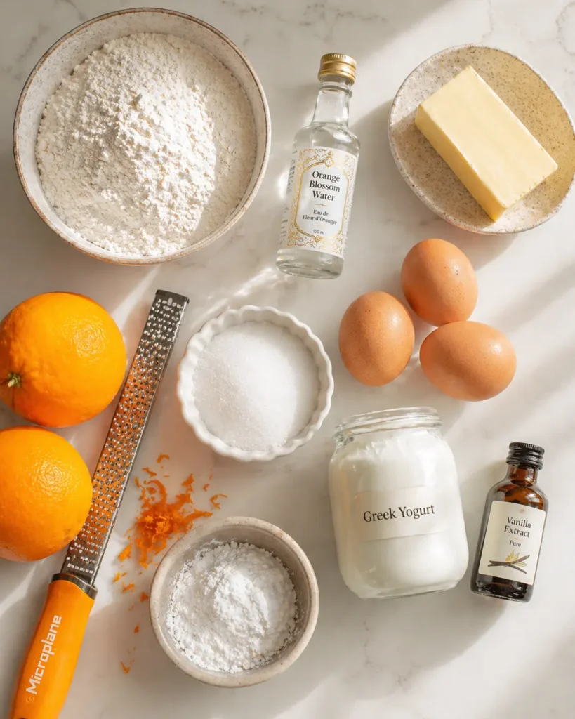Overhead flat lay of Moroccan orange pound cake ingredients including fresh navel oranges, orange blossom water, butter, eggs, and flour arranged on a white marble surface