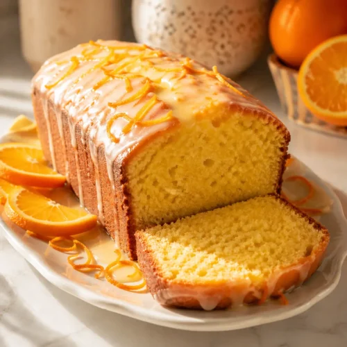 Close-up cross-section of a thick slice of moist Moroccan orange pound cake showing golden tender crumb interior with orange zest flecks
