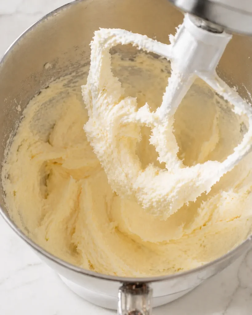 Pale, fluffy creamed butter and sugar in a stand mixer bowl for homemade orange pound cake recipe from scratch