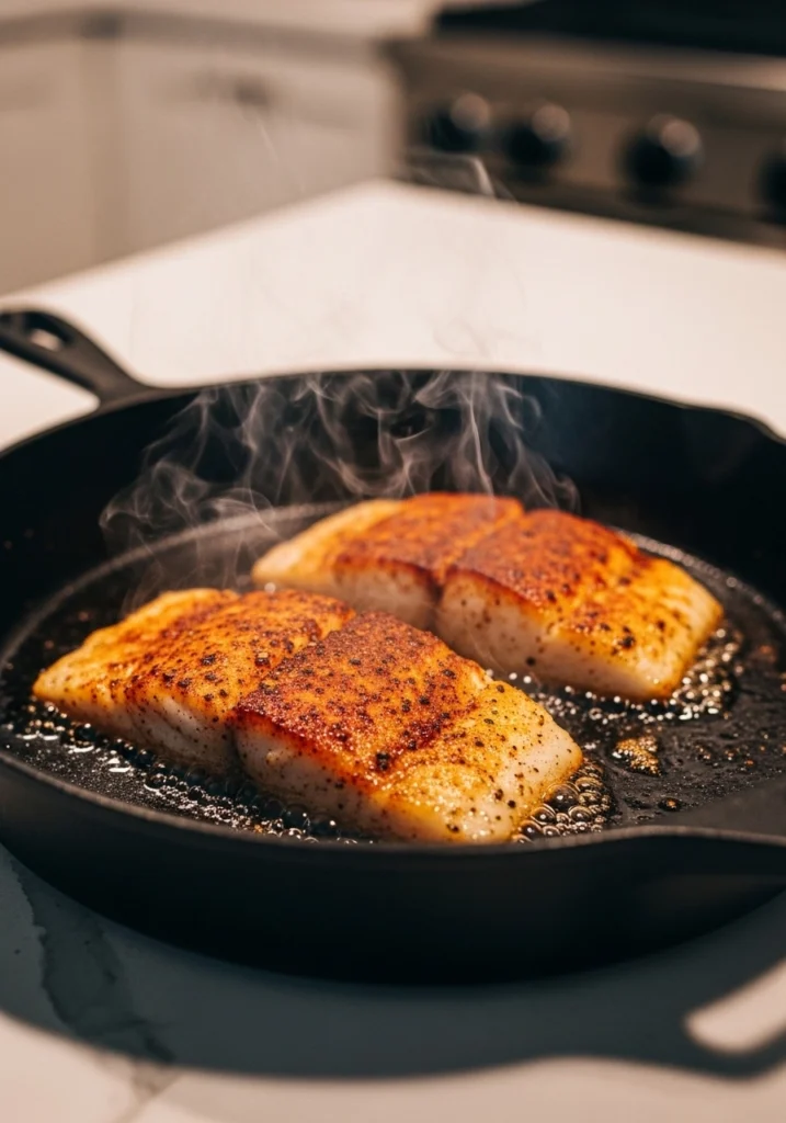 Two seasoned halibut fillets sizzling in a cast iron skillet with a golden spiced crust forming