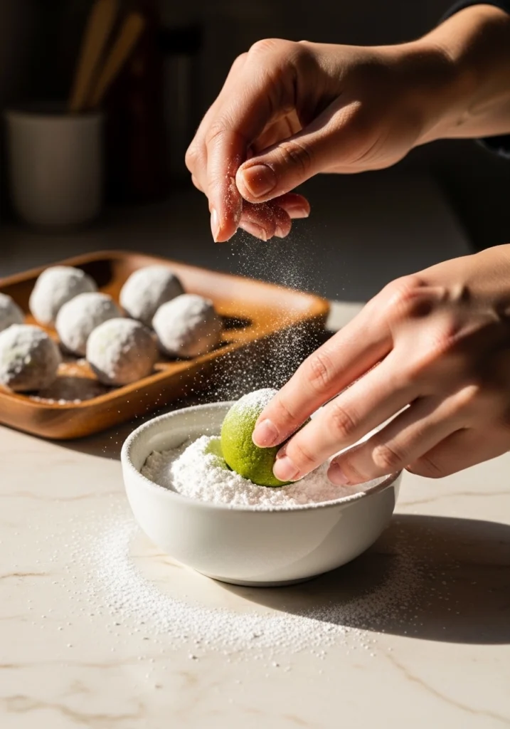 Hands rolling green matcha cookie dough balls in powdered sugar with a cloud of sugar dust in the air and coated dough balls on a wooden tray in background