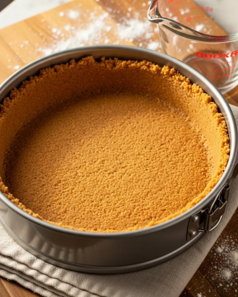 A golden-brown vegan graham cracker crust pressed evenly into a silver springform pan, ready to be baked for a vegan ricotta cheesecake