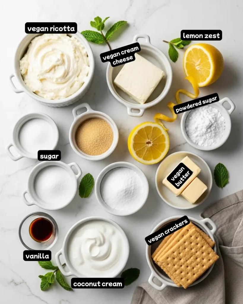 Overhead flat lay of all vegan ricotta cheesecake ingredients including vegan ricotta, vegan cream cheese, lemon, coconut cream, sugar, cornstarch, and graham crackers arranged on a white marble surface