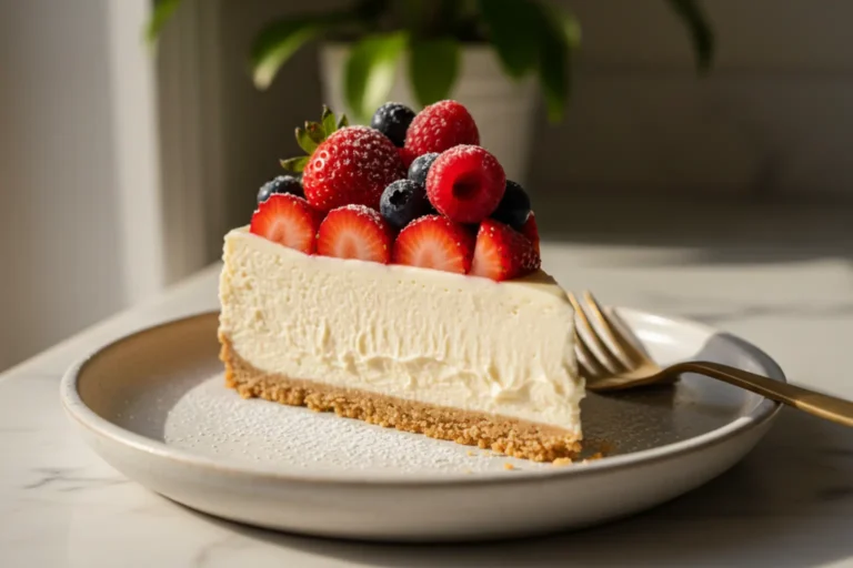 A creamy slice of vegan ricotta cheesecake topped with fresh strawberries, blueberries, and a dusting of powdered sugar on a white ceramic plate