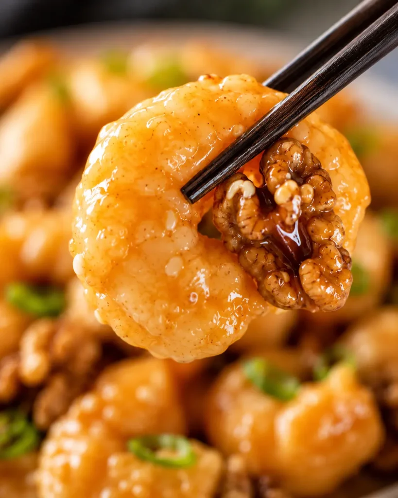 Close-up of honey walnut shrimp with glossy sweet sauce and amber candied walnut showing caramelized coating