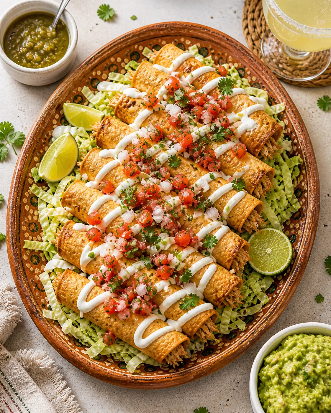 Plate of crispy chicken flautas topped with shredded lettuce, crema, and pico de gallo served with guacamole and salsa